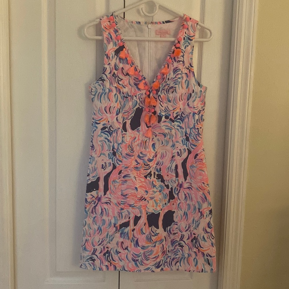 Lilly Pulitzer ostrich dress fringe v neck size 4 blue orange pink bird tassel